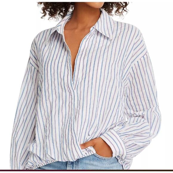 Cinq A Sept Blouse Lillian Faux Wrap Blue Red Stripe High Low Elastic Size Small - Picture 1 of 10